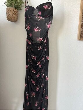 Black Floral Sheer Draped Maxi Dress